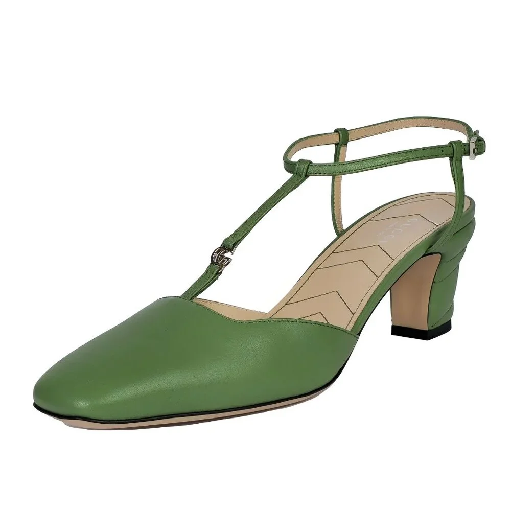 GUCCI SHOES T-STRAP GREEN LEATHER DOUBLE G LOGO SLINGBACK PUMPS 40 10 - Picture 3 of 16